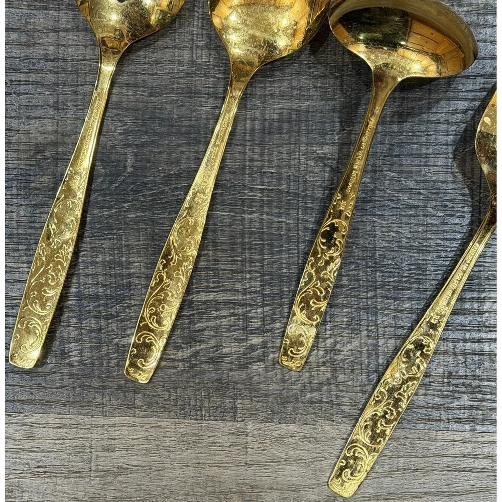 Vtg. Americana Golden Heritage Golden Scroll Serving Set 4 Piece Gold Plated MCM